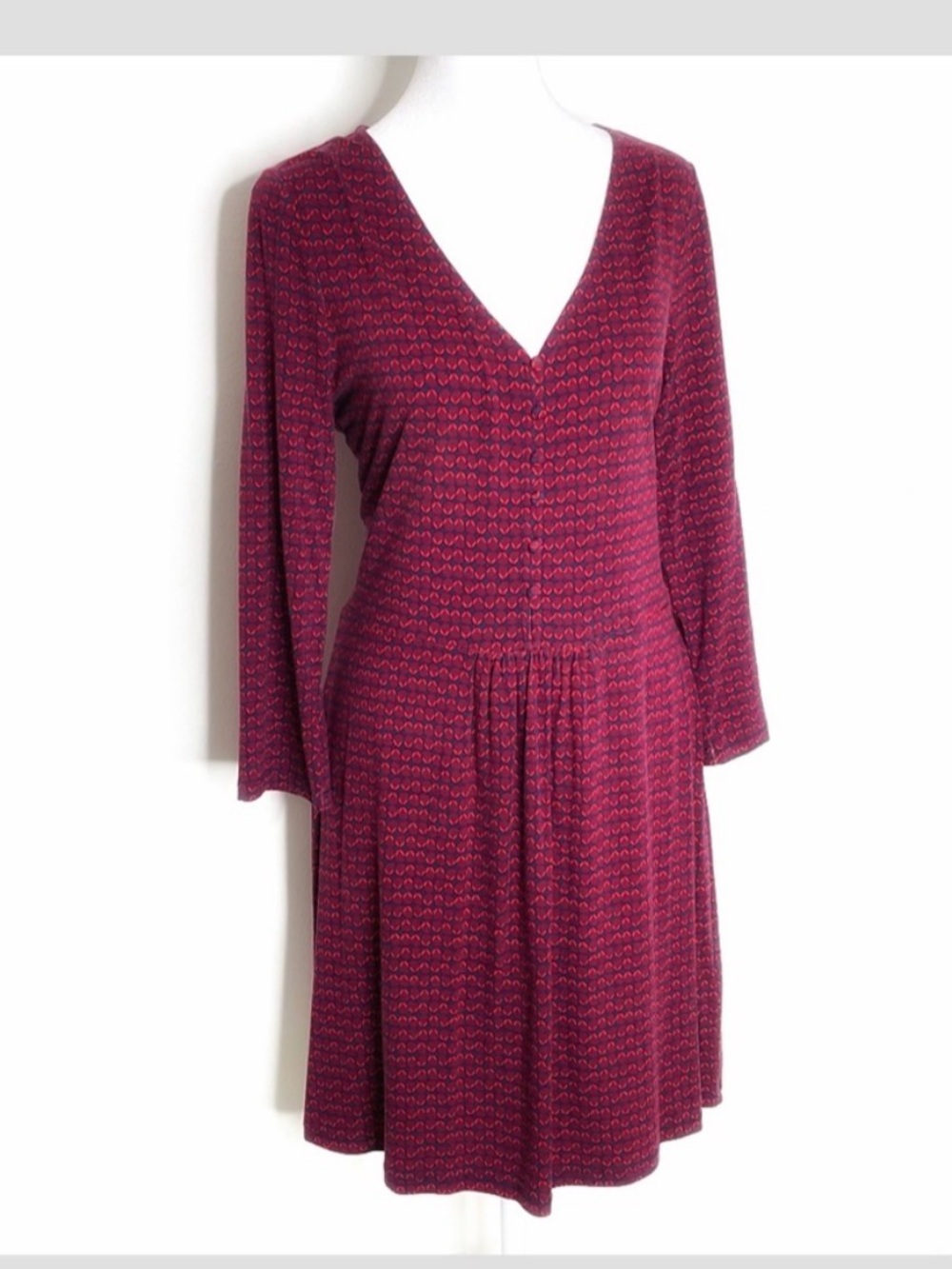Boden Sabina Jersey Dress Long Sleeve Button Bodice Navy Maroon Red V- Neck 8R
